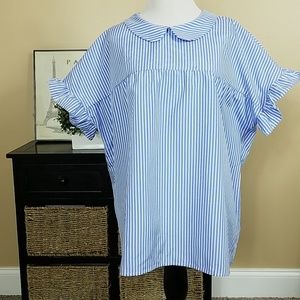 Shein blue white stripe top ruffle
